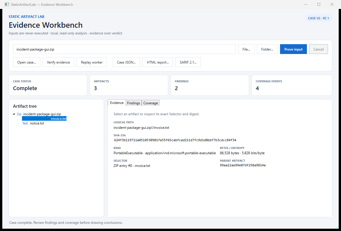 StaticArtifactLab with neutral sample data