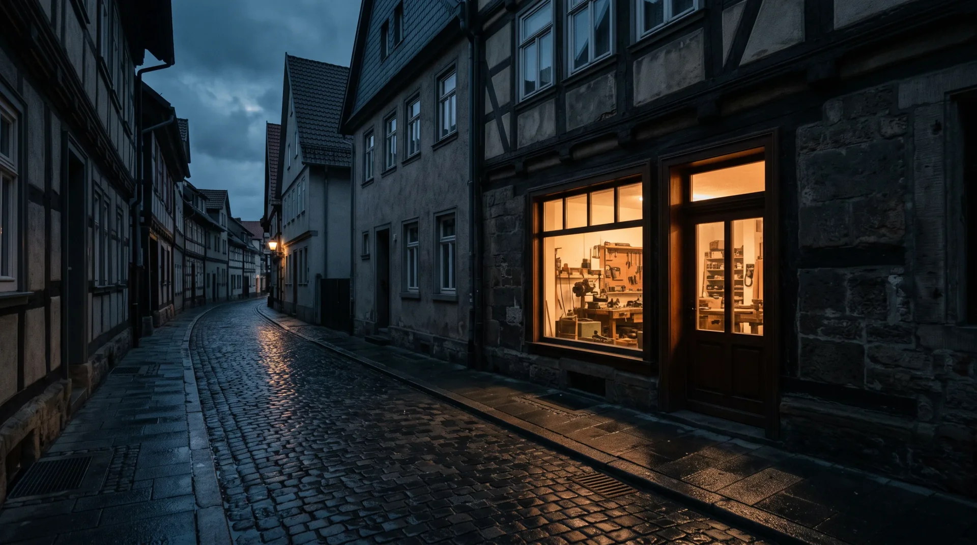 Warm erleuchtete Werkstatt-Ladenfront an einer Kopfsteinpflastergasse in der Dämmerung.